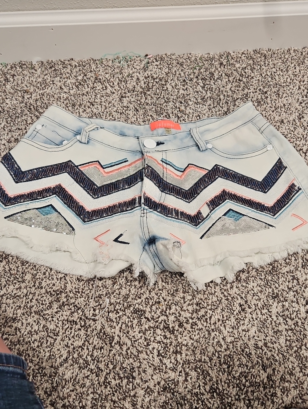 Lulumari Light Wash Denim Shorts with Navy & Coral Chevron Embroidery